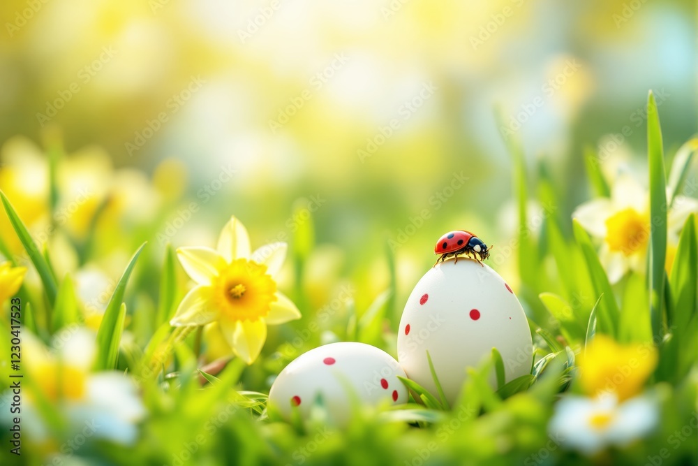 Poster ladybug resting on a polka-dotted egg amid vibrant spring daffodils in soft sunlight.