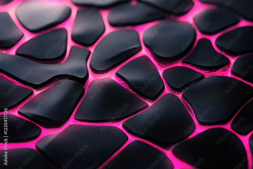 Poster Abstract image of dark, textured, polygonal shapes with vibrant pink glowing lines between them.