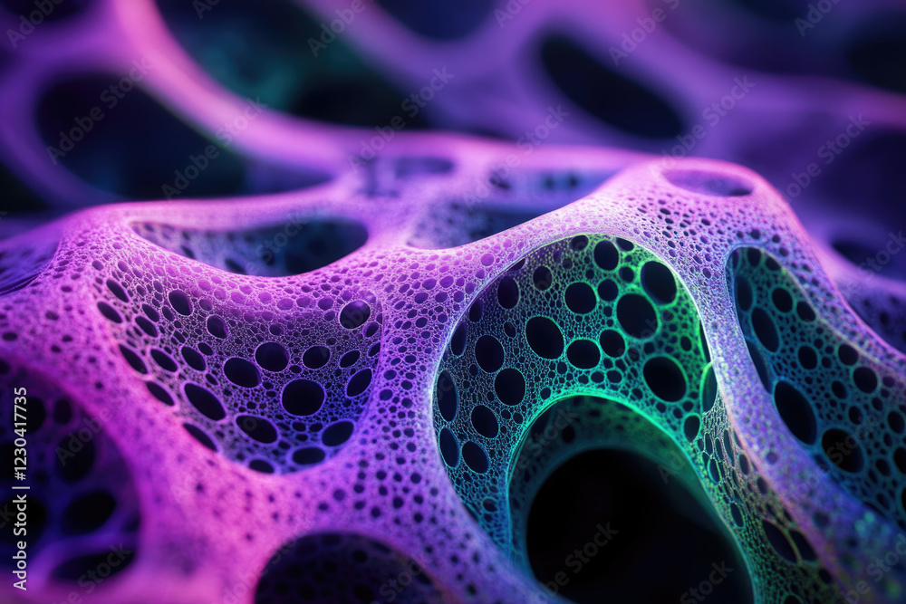 Poster abstract 3d rendering of a vibrant, interconnected network of purple and green bubbles, resembling a