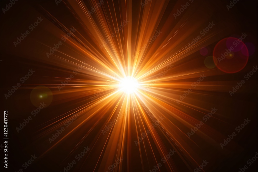 Poster bright orange light rays spreading from the center on a dark background.