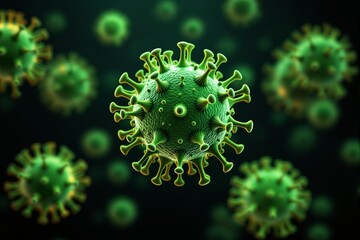 Fototapeta premium Close-up of green virus particles with spikes on a dark background.