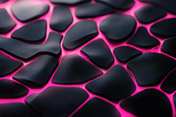 Fototapeta premium Abstract image of dark, textured, polygonal shapes with vibrant pink glowing lines between them.
