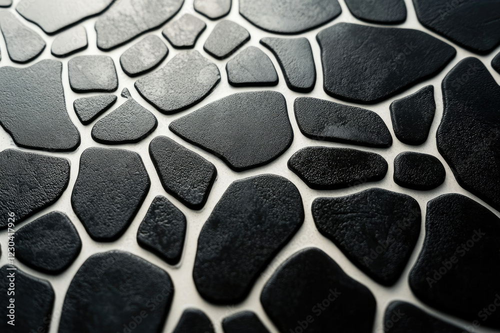 Poster Abstract close-up of black textured stones arranged in an irregular pattern, resembling a cobblestone road.