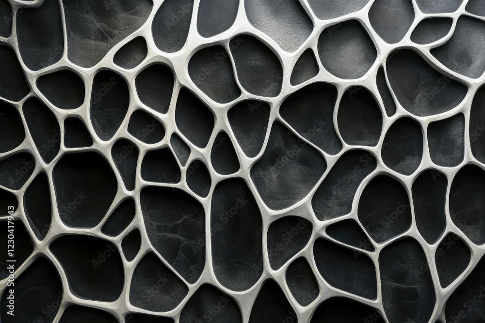 Aufkleber Abstract grayscale image depicting a complex network of interconnected organic shapes resembling a three-dimensional cellular structure.