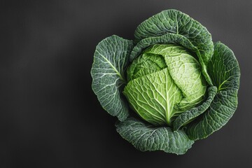 Fototapeta premium Savoy cabbage head on dark background showing its natural texture