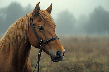 Obraz premium A Chestnut Horse in a Misty Field