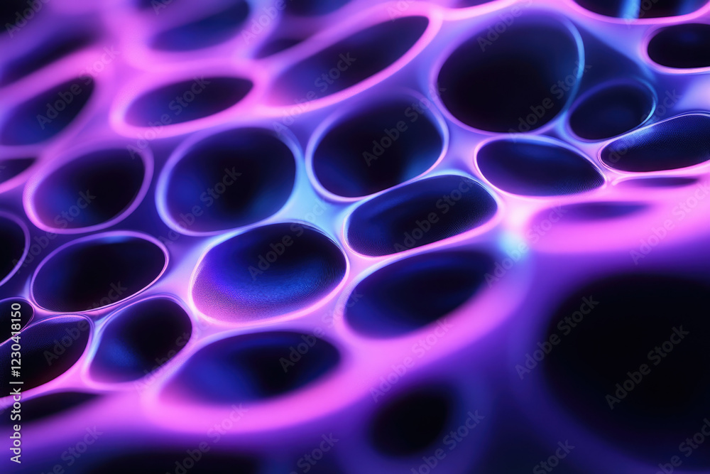 Poster abstract 3d render of a purple and blue glowing porous surface with interconnected cavities.