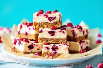 Delicious cheesecake bars with berries on a white plate and blue background.