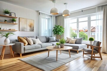 Scandinavian Living Room Interior Design, Modern Minimalist Apartment, Air Conditioning, Long Exposure Photography