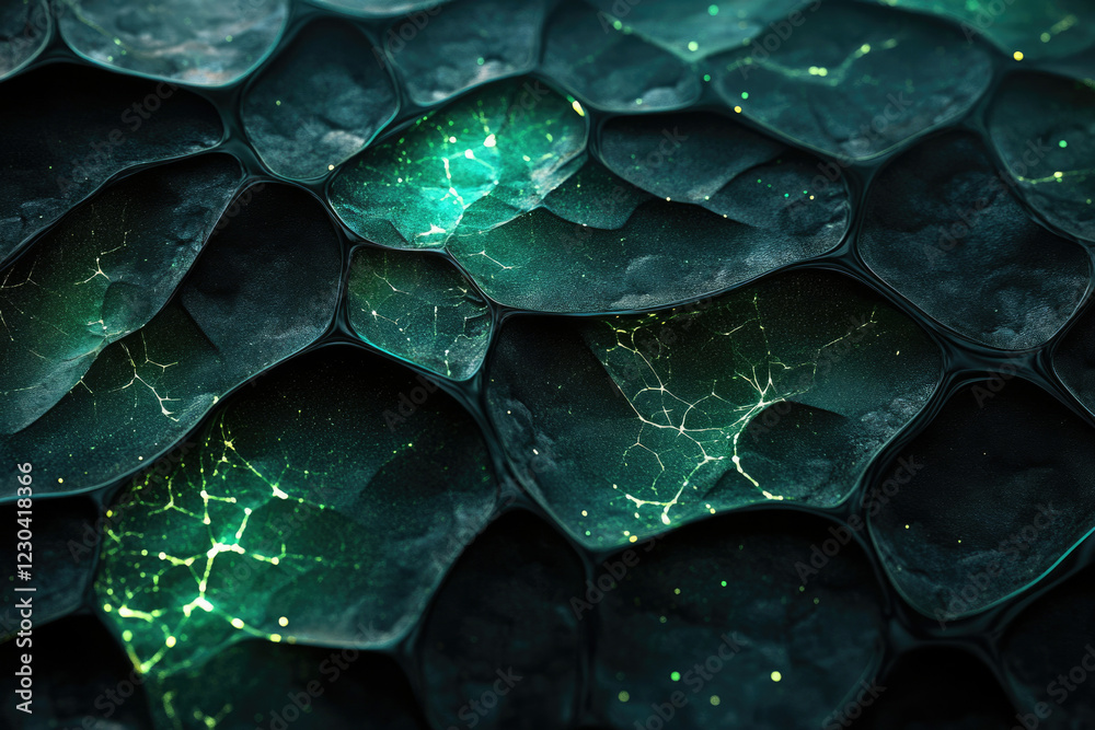 Poster abstract image of dark, textured, interconnected shapes with glowing green veins.