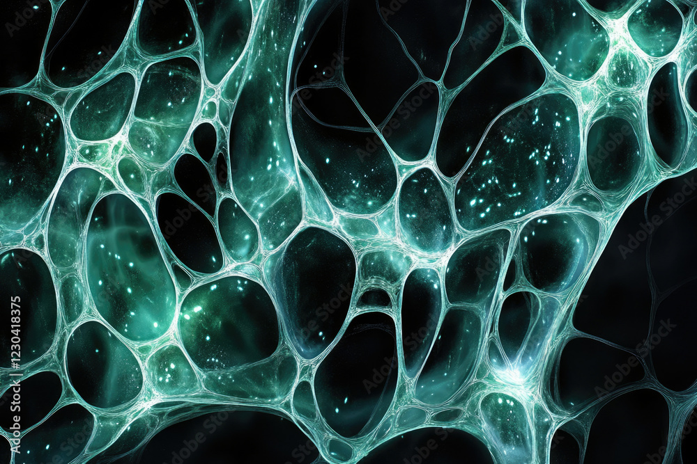 Poster Abstract teal glowing network, resembling a complex web or neural network, filled with bright particles.