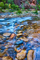 Tranquil River Flow Zion Cliffs Eye-Level Perspective