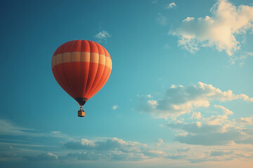 Naklejka premium A red and cream hot air balloon floats in a blue sky