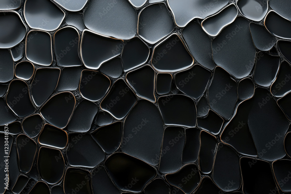 Poster abstract dark background with irregular, glossy, black shapes separated by thin bronze lines.