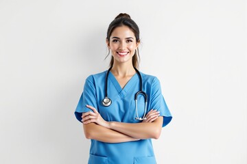 Smiling nurse in blue uniform with stethoscope on plain background.