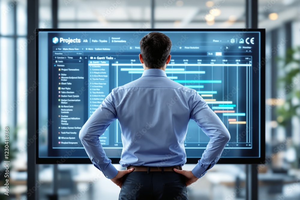 Aufkleber businessman analyzing project timeline on a digital gantt chart in a modern office.