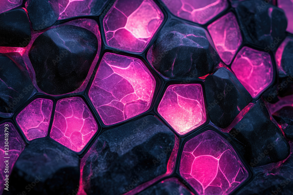 Poster Glowing hexagonal cells embedded in dark, rough stone, creating a vibrant abstract texture.
