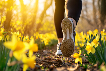 Back view of woman's feet with sport shoes jogging in sunny park with yellow Daffodil spring flowers