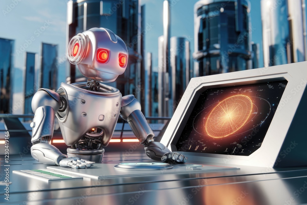 Poster A futuristic robot operates a high-tech console in a city of towering skyscrapers.