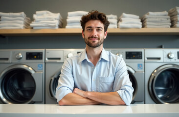 Obraz premium Curly-haired male laundry worker in a white uniform against the background of washing machines. A man in a laundry room washes clothes.