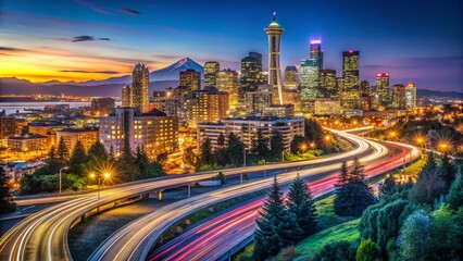 Obraz premium Seattle Night Lights: Panoramic Aerial Cityscape Long Exposure Photography