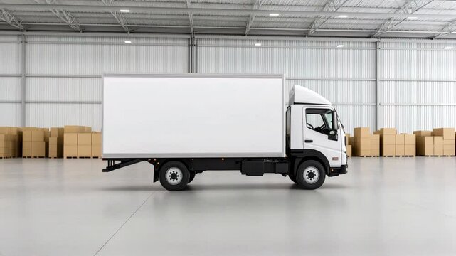 A white semi truck is parked in a warehouse. The truck is empty and the warehouse is full of boxes