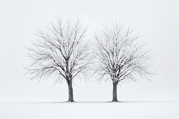 Fototapeta premium Two snow-covered trees against a minimalist white background.