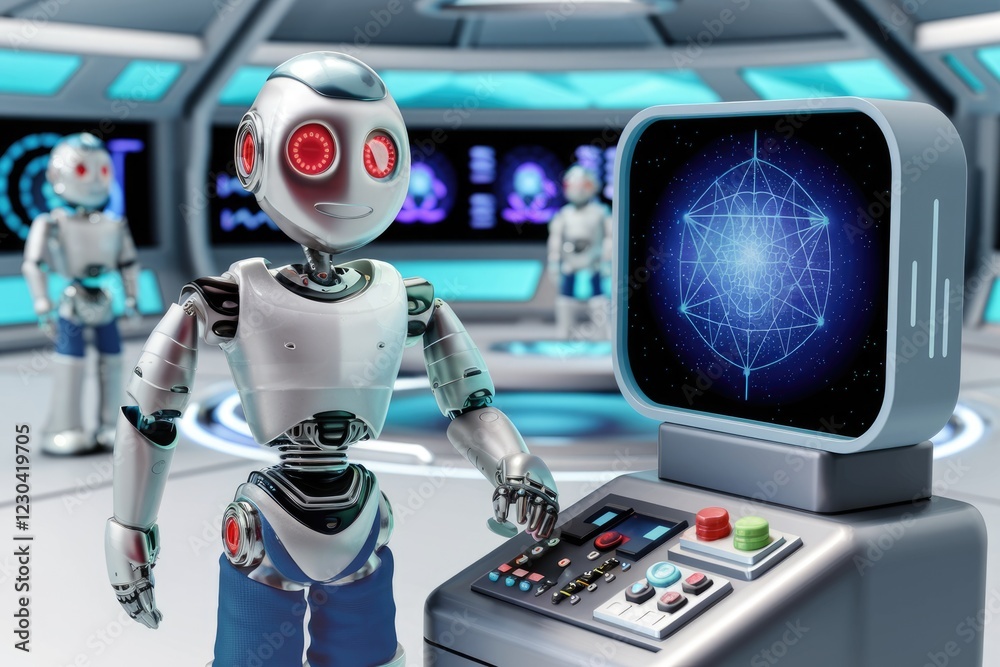 Aufkleber a friendly robot operates a futuristic control panel in a sci-fi laboratory setting.