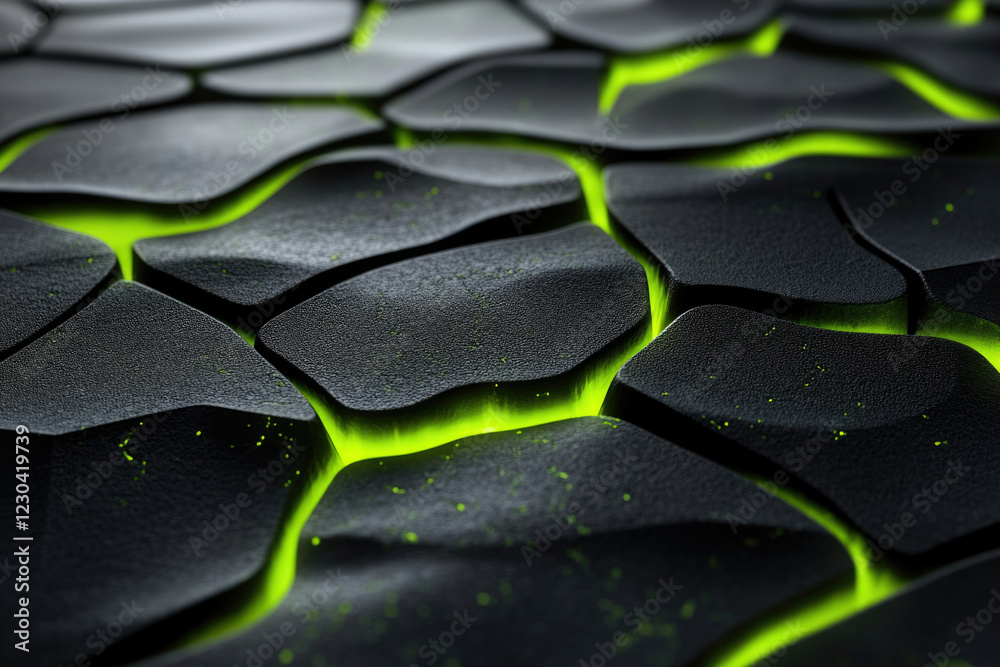 Aufkleber Abstract 3D render of cracked dark surface with glowing green lines.