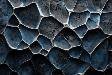 Abstract image of a dark blue metallic surface with a network of interconnected, bubble-like shapes.