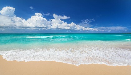 Fototapeta premium tropical beach paradise crystal clear turquoise waters foamy white waves crashing on shore golden sandy beach bright blue sky with wispy clouds vibrant ocean scenery idyllic coastal landscape s