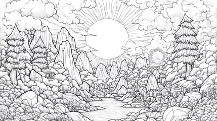 Obraz premium Sunny mountain river valley landscape coloring page