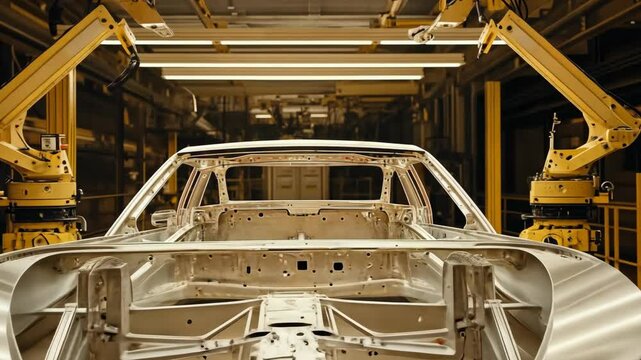 Manufacturing process in an automotive assembly line featuring robotic arms working on vehicle frames