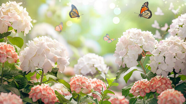 A spring garden full of white and pink hydrangeas, with butterflies flitting around the blossoms