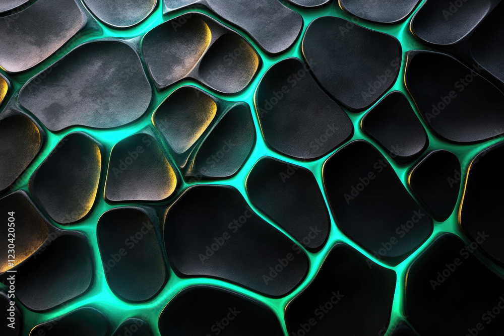 Poster abstract dark background with interconnected glowing teal organic shapes.