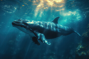 Fototapeta premium Majestic whale swimming gracefully in deep blue ocean waters during serene daylight hours
