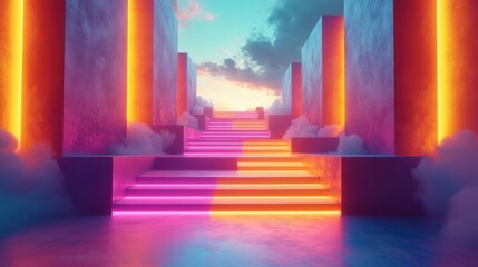 Fototapeta premium Futuristic neon staircase with sunset sky and glowing clouds