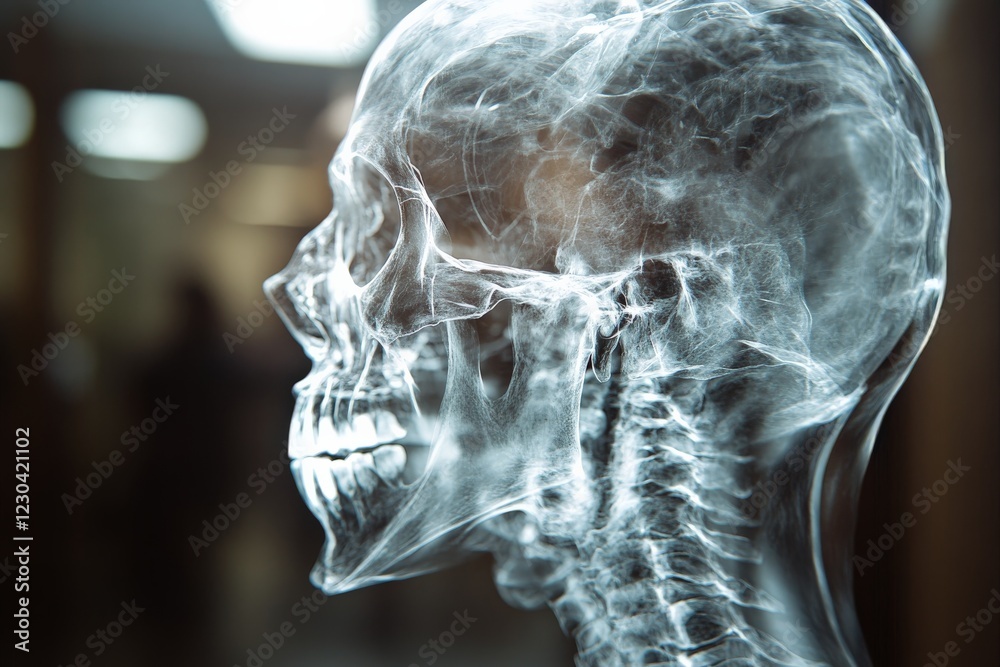 Poster Detailed side view of a human skull and cervical spine in x-ray display highlighting bone structure and dental features