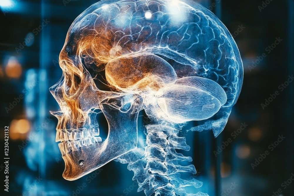 Poster intricate detail of a human skull and brain anatomy showcased in a digital rendering
