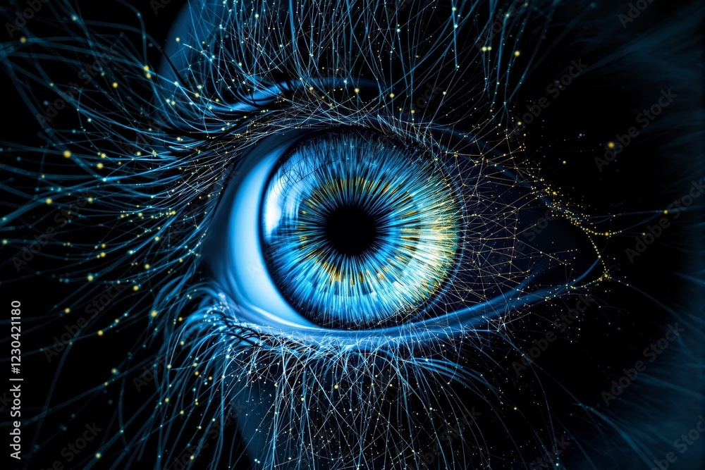 Poster Close-up of a glowing blue eye surrounded by neural network-like lines on a dark background. Concept of artificial intelligence.