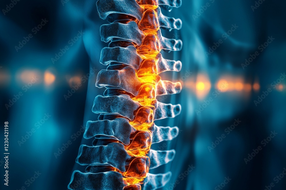 Poster radiant visualization of human spine anatomy highlighting vertebrae and surrounding tissue structure