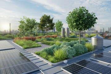 Obraz premium Urban rooftop garden with solar panels, showcasing sustainable living and eco-friendly design.