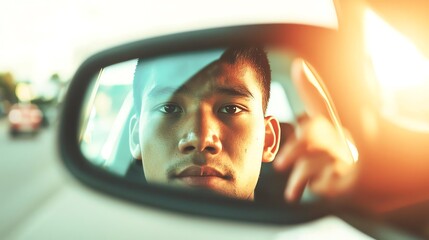 A thoughtful young man looking in the rearview mirror of a car.