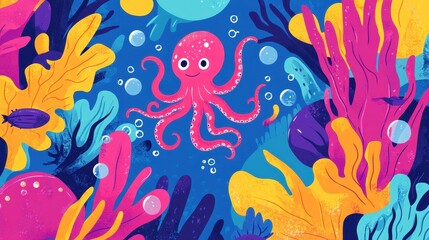 A Pink Octopus Swims Among Vibrant Coral Reefs