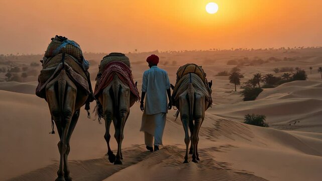 Cameleers guide their camels across the Thar Desert at sunset with a vibrant orange sky, Cameleers, camel Drivers at sunset Thar desert on sunset Jaisalmer, Rajasthan, India