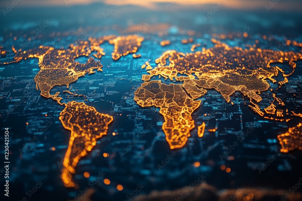 Poster world map illuminated with glowing lines highlighting cities and regions at dusk