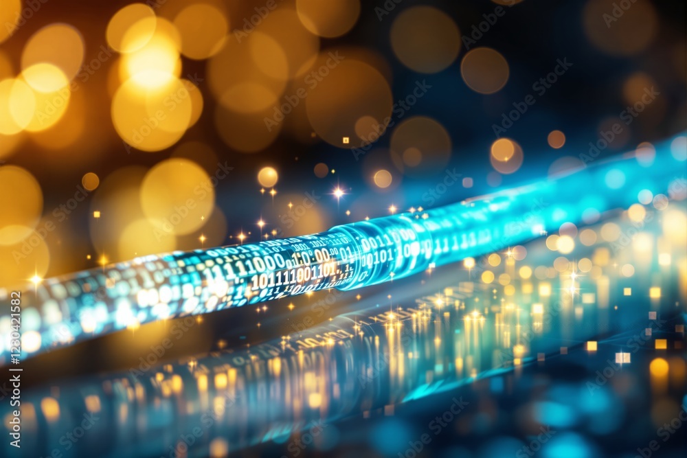 Poster Futuristic glowing digital cable with binary code and bokeh light effects.