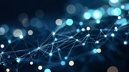 Abstract blue digital network with glowing dots and lines representing connectivity.