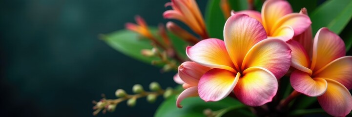 Frangipani flowers in a bouquet with other tropical flowers, greenery, bouquet, arrangement