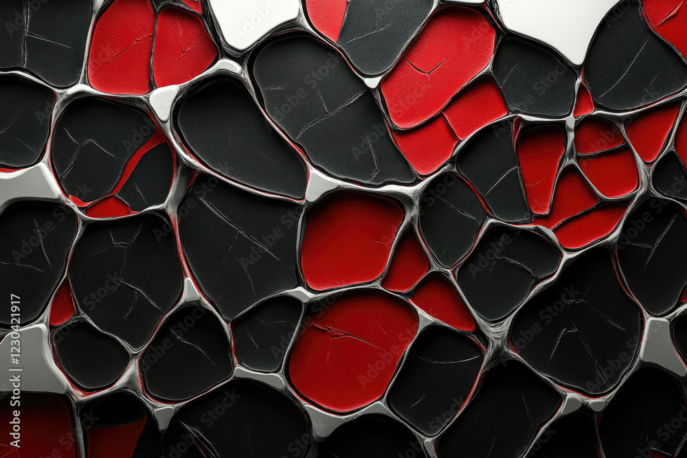 Poster Abstract 3D rendering of a cracked surface with red and black cells interconnected by metallic veins.